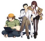  2boys black_hair computer glasses hashida_itaru hat keg labcoat laptop legs long_hair makise_kurisu male_focus multiple_boys okabe_rintarou pantyhose purple_eyes short_hair simple_background smile steins;gate 