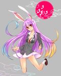  animal_ears bad_id bad_pixiv_id blazer breasts bunny_ears cleavage crescent finger_gun full_moon gradient_hair highres jacket looking_at_viewer medium_breasts moon multicolored_hair necktie purple_hair red_eyes red_neckwear reisen_udongein_inaba smile solo touhou yuura 