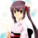 black_hair cotton_candy japanese_clothes k-on! kimono long_hair nakano_azusa red_eyes sinko solo twintails yukata 