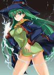  green_eyes green_hair hand_on_hip hat long_hair magic masou_shizuka noba_(veronicanoha) panties rance_(series) sengoku_rance solo underwear witch_hat 