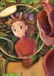  arrietty brown_eyes brown_hair clothes_pin flower karigurashi_no_arrietty mirror ponytail reflection solo yusao 