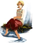  bad_id bad_pixiv_id barefoot bechica blonde_hair capri_pants feet grass green_eyes ilia_(zelda) looking_at_viewer pants short_hair sitting smile solo the_legend_of_zelda the_legend_of_zelda:_twilight_princess water 