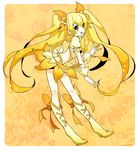  ayuyu_(baby) blonde_hair boots cure_sunshine heartcatch_precure! knee_boots long_hair magical_girl midriff myoudouin_itsuki navel orange_eyes orange_skirt precure skirt solo twintails very_long_hair yellow yellow_background 