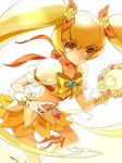  blonde_hair boots bow choker cure_sunshine hair_ribbon happy heart heartcatch_precure! knee_boots legs long_hair magical_girl midriff myoudouin_itsuki navel orange_choker orange_eyes precure ribbon shiny_tambourine skirt smile solo twintails very_long_hair waxwa white_background yellow_bow yellow_skirt 