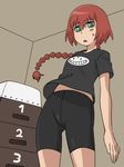  :o bike_shorts braid darker_than_black green_eyes kyosu red_hair shirt short_hair_with_long_locks single_braid solo suou_pavlichenko sweatdrop t-shirt vaulting_horse 