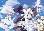  bird blue_eyes blue_hair blue_hallelujah dove flower hair_ribbon laundry lily_(flower) original ribbon school_uniform serafuku solo 