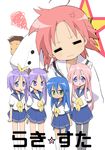  5girls hiiragi_kagami hiiragi_tsukasa izumi_konata kogami_akira lucky_star mole mole_under_eye multiple_girls pantyhose purple_hair ryouou_school_uniform school_uniform serafuku shiraishi_minoru siblings sisters squiggle star takara_miyuki twins yam_(nekobeya) yellow_neckwear 