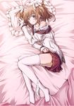  bed_sheet bitter_smile blue_eyes blush brown_hair bunny_hair_ornament chiri_(atlanta) frilled_pillow frills from_above hair_ornament highres legs lying off_shoulder on_side panties panties_around_one_leg pillow skirt smile solo thighhighs todoroki_mii twintails underwear white_legwear white_panties 