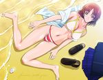  bag barefoot beach bikini brown_eyes brown_hair day feet hoshikawa_maki legs lying school_uniform shoes shopyun short_hair solo swimsuit tokimeki_memorial tokimeki_memorial_4 waves 