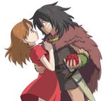  1girl arrietty black_hair brown_hair cherry dress eye_contact food fruit hair_down hand_on_hip holding holding_food holding_fruit karigurashi_no_arrietty long_hair looking_at_another spiller sword tears tetsukuzu_tetsuko weapon 