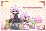  cake candy chibi cookie dual_persona food formal gingerbread gingerbread_cookie hair_over_one_eye macaron male_focus pandora_hearts red_eyes ribbon silver_hair tia_(cocorosso) xerxes_break 