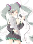  ;d aqua_eyes aqua_hair detached_sleeves hatsune_miku heart heart-shaped_pupils long_hair looking_back microphone one_eye_closed open_mouth simple_background skirt smile solo symbol-shaped_pupils tattoo twintails umi_(umi02) v very_long_hair vocaloid 