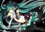  bad_id bad_pixiv_id belt black_legwear bridal_gauntlets elbow_gloves gloves green_eyes green_hair hatsune_miku hatsune_miku_(append) highres ichinose_(sorario) long_hair midriff navel pleated_skirt skirt solo thighhighs twintails very_long_hair vocaloid vocaloid_append 