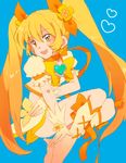  bad_id bad_pixiv_id blonde_hair blue_background boots bow choker cure_sunshine hair_ribbon happy heart heartcatch_precure! knee_boots legs long_hair magical_girl midriff myoudouin_itsuki navel orange_choker orange_eyes precure ribbon skirt smile solo sooya twintails very_long_hair yellow_bow yellow_skirt 