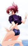  ass azumaya_hironaru barefoot bikini_bottom from_behind lyrical_nanoha mahou_shoujo_lyrical_nanoha_strikers mahou_shoujo_lyrical_nanoha_vivid midriff no_pants numbers_(nanoha) red_eyes red_hair solo wendi_(nanoha) wristband 