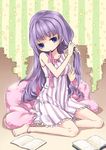  anklet barefoot blue_eyes book hair_down jewelry long_hair mouth_hold nagisa_honoka nightgown no_hat no_headwear open_book patchouli_knowledge purple_eyes purple_hair solo striped touhou vertical_stripes 