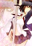  bad_id bad_pixiv_id between_breasts black_hair bob_cut breasts cleavage durarara!! large_breasts navel pleated_skirt red_eyes rosa_tsubomi school_uniform short_hair skirt solo sonohara_anri sword weapon zoom_layer 