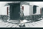  alternate_costume cold contemporary eating fisheye food house kochiya_sanae letterboxed monochrome solo touhou walking wuliao555 