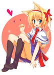  alice_margatroid animal_ears blonde_hair blue_eyes blush boots bow capelet dog_ears dog_tail full_body hair_bow hairband hands heart huei_nazuki kemonomimi_mode knee_boots necktie paw_pose short_hair side_ponytail simple_background sitting solo tail touhou white_capelet 