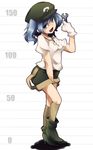  blue_eyes blue_hair fang hair_bobbles hair_ornament hat height_chart high_heels kawashiro_nitori shoes short_hair shorts solo touhou twintails two_side_up urita_(vivivinicol) wrench 