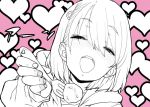  1girl female food fork heart monochrome open_mouth original pink_background pon simple_background sleeves_past_wrists solo spot_color 