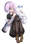 absurdres black_legwear black_skirt blush boots breasts brown_footwear eyebrows_visible_through_hair fate_(series) fou_(fate/grand_order) glasses high_heel_boots high_heels highres joker_(tomakin524) large_breasts looking_at_another mash_kyrielight necktie one_eye_closed pantyhose parted_lips pink_hair purple_eyes red_neckwear short_hair sitting skirt smile 