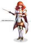  arm_guards armor bangs black_legwear breastplate cape celica_(fire_emblem) detached_collar dress earrings fingerless_gloves fire_emblem fire_emblem_echoes:_mou_hitori_no_eiyuuou fire_emblem_heroes full_body gloves hair_ornament highres jewelry long_hair looking_at_viewer red_eyes red_hair revision simple_background solo sword thighhighs tiara umipro weapon zettai_ryouiki 