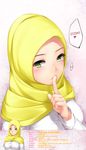  absurdres blush character_profile english finger_to_mouth green_eyes highres hijab kopianget muslim original shushing smile solo speech_bubble 