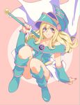 bad_id bad_pixiv_id bare_shoulders blonde_hair blush_stickers boots cape dark_magician_girl duel_monster full_body hat highres kamameshi_gougoumaru long_sleeves looking_at_viewer sitting skirt smile solo staff vambraces white_skirt wizard_hat yellow_eyes yuu-gi-ou 