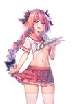  astolfo_(fate) blush bow_(bhp) braid commentary_request fang fate/apocrypha fate/grand_order fate_(series) hair_ribbon long_hair looking_at_viewer male_focus midriff navel nipples open_mouth otoko_no_ko pink_hair pleated_skirt purple_eyes red_sailor_collar red_skirt ribbon sailor_collar school_uniform serafuku shirt_lift simple_background single_braid skirt smile solo thighhighs v white_background white_legwear 