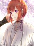  blush brown_hair eyebrows_visible_through_hair hasu_(velicia) highres japanese_clothes kimono looking_away original out_of_frame parted_lips purple_eyes short_hair solo_focus teeth upper_body 