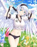  :d angel_wings black_hairband black_panties blue_eyes blush bow breasts cleavage collarbone cowboy_shot eyebrows_visible_through_hair falkyrie_no_monshou feathered_wings groin hair_bow hairband highres looking_at_viewer medium_breasts midriff natsumekinoko navel open_mouth panties shirt short_hair short_sleeves silver_hair smile solo sparkle stomach tied_shirt underwear white_feathers white_shirt white_wings wings 