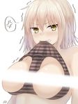  anger_vein bangs blush bow bow_panties breasts breasts_outside collarbone eyebrows_visible_through_hair fate/grand_order fate_(series) highres jeanne_d'arc_(alter)_(fate) jeanne_d'arc_(fate)_(all) large_breasts light_censor looking_at_viewer looking_to_the_side nose_blush nude pale_skin panties panties_on_breasts ramchi short_hair signature silver_hair simple_background solo spoken_anger_vein striped striped_panties teeth teeth_hold trembling underwear unmoving_pattern upper_body white_background yellow_eyes 
