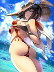  ass bare_shoulders black_hair blue_eyes breasts cloud day eyewear_on_head flower guilty_gear hat hat_flower heterochromia i-no large_breasts oro_(sumakaita) red_swimsuit self_fondle sky slingshot_swimsuit solo straw_hat sunglasses swimsuit water witch_hat yellow_eyes 
