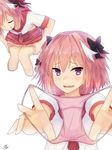  astolfo_(fate) bangs belly_peek blush bow braid closed_eyes fang fang_out fate/apocrypha fate/grand_order fate_(series) foreshortening hair_bow hair_ribbon highres long_hair looking_at_viewer male_focus miniskirt multiple_views neckerchief open_mouth otoko_no_ko panties pink_hair pink_panties presenting_panties pulled_by_self purple_eyes ramchi red_skirt ribbon school_uniform shirt short_sleeves signature simple_background single_braid skirt smile underwear white_background white_shirt 