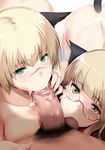  2girls :&gt;= absurdres animal_ears ass back blonde_hair brown_eyes cat_ears cat_tail erection eyebrows_visible_through_hair fellatio ffm_threesome glasses green_eyes group_sex hanna_rudel hetero hews_hack highres long_hair looking_at_viewer male_pubic_hair multiple_fellatio multiple_girls nude open_mouth oral paid_reward patreon_reward penis perrine_h_clostermann pubic_hair strike_witches sucking_testicles tail testicles threesome uncensored world_witches_series 