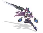  breasts cleavage elaine_(iron_saga) eyebrows_visible_through_hair full_body highres holding holding_weapon iron_saga large_breasts long_hair looking_at_viewer mecha_musume purple_hair red_eyes solo weapon zjsstc 