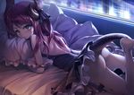  ass barefoot bed blush dragon_tail dress elizabeth_bathory_(fate) elizabeth_bathory_(fate)_(all) eyebrows_visible_through_hair fate/extra fate/extra_ccc fate/grand_order fate_(series) horns inconvenient_tail indoors long_hair looking_at_viewer lying no_panties on_stomach ouka_(ra-raradan) pillow pink_hair pointy_ears short_dress solo tail two_side_up window 