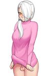  andrea_vaeyl blush bottomless breasts commentary erection erection_under_clothes full-package_futanari futanari hair_ornament hair_over_one_eye hair_over_shoulder hairclip large_breasts large_penis long_hair low_ponytail naked_sweater no_panties original penis penis_peek pink_sweater precum razalor solo sweater testicles trembling_penis yellow_eyes 