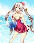  absurdres alternate_breast_size bad_id bad_pixiv_id ball beachball blue_eyes breasts cleavage covered_navel fate/grand_order fate_(series) furumiya_neko hair_ornament highres long_hair marie_antoinette_(fate/grand_order) marie_antoinette_(swimsuit_caster)_(fate) medium_breasts open_mouth silver_hair solo swimsuit twintails 