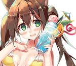  :d animal_ears bangs bare_arms bare_shoulders bikini blue_hawaii breasts cat_ears cocktail_umbrella collarbone commentary_request crazy_straw cup dot_nose drinking_glass drinking_straw eyebrows_visible_through_hair fang food fruit glass green_eyes hair_between_eyes hand_on_own_chest hands_up highres hisaka_hazara holding holding_cup ice_cream ice_cream_float long_hair open_mouth orange orange_slice original pink_lips simple_background small_breasts smile solo sweat swimsuit teeth tropical_drink twintails upper_body white_background yellow_bikini 