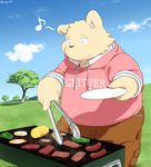  2017 4_fingers anthro bear clothed clothing cooking digital_media_(artwork) english_text food grill half-closed_eyes happy hat holding_object humanoid_hands jacket kemono khakis looking_down male mammal musical_note outside overweight overweight_male plate polar_bear sky slightly_chubby solo standing text tree zuppu11 