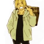  black_pants black_shirt blonde_hair closed_eyes edward_elric fullmetal_alchemist grin hands_in_pockets jacket lowres male_focus mattsu pants shirt simple_background smile solo suitcase white_background 