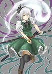  black_hairband black_legwear blue_eyes blush floral_print hairband highres holding holding_sheath holding_sword holding_weapon konpaku_youmu looking_at_viewer parted_lips perfect_cherry_blossom sheath sheathed silver_hair sketch solo sugi87 sword thighhighs touhou weapon 