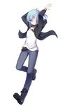  belt blue_eyes blue_hair blush collarbone denim eyebrows_visible_through_hair eyepatch full_body hasu_(velicia) jeans looking_at_viewer male_focus original pants simple_background smile solo white_background 