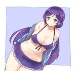 arms_behind_back bikini bikini_skirt breasts cleavage commentary dutch_angle front-tie_top green_eyes halter_top halterneck jacket kurokawa_makoto large_breasts long_hair looking_at_viewer love_live! love_live!_school_idol_project low_twintails navel purple_bikini purple_hair smile solo swimsuit toujou_nozomi twintails very_long_hair 