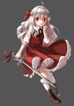  boots bow braid dress hair_bow hand_to_own_mouth highres kneehighs kuune_(muttey-myg) long_hair open_mouth original red_dress red_eyes ribbon silver_hair smile solo sword weapon white_legwear wind wind_lift 