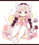  bangs beads black_hairband blue_eyes blunt_bangs capelet coco_(hinatacoco) crepe dragon_horns food frilled_capelet frills full_body gradient_hair hair_beads hair_ornament hairband holding holding_food horns kanna_kamui kobayashi-san_chi_no_maidragon lavender_hair letterboxed long_hair looking_at_viewer low_twintails multicolored_hair no_shoes silver_hair sitting solo tail thighhighs thighs twintails very_long_hair white_legwear 