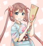  asagumo_(kantai_collection) blush bow brown_hair cherry_print commentary_request floral_print flower food_print grin hagoita hair_flower hair_ornament hair_rings japanese_clothes kantai_collection kimono long_hair looking_at_viewer nuno_(pppompon) paddle ribbon silver_eyes smile solo teeth twintails upper_body very_long_hair 
