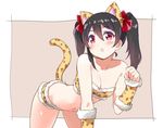  animal_ears animal_print black_hair blush bow breasts cat_ears cat_tail cleavage commentary fake_animal_ears hair_bow kurokawa_makoto leopard_print looking_at_viewer love_live! love_live!_school_idol_project parted_lips red_bow red_eyes short_hair short_twintails small_breasts solo tail twintails yazawa_nico 